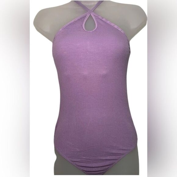 NWT Enza Costa Purple Ribbed Silk Blend Halter Keyhole Bodysuit Size S - MSRP $1 - Picture 8 of 10